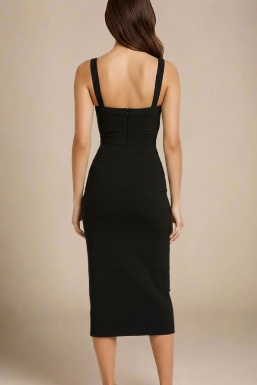 Classic Black Bandage Sweetheart Neck Criss Cross Bodycon Midi Dress 3