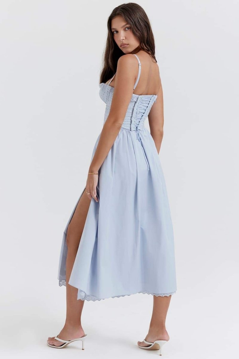 Eyelet Lace Sweetheart Corset Tie-Front High Slit Midi Dress 2