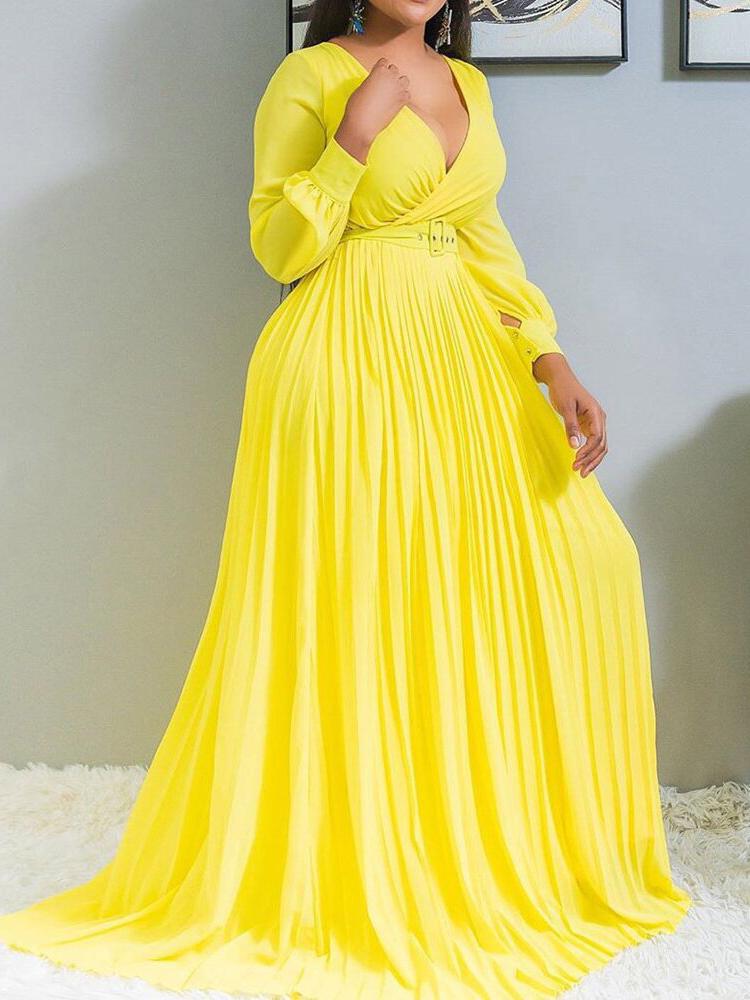 Surplice V-Neck Belted Accordion Pleat Long Sleeve Maxi Dress 7