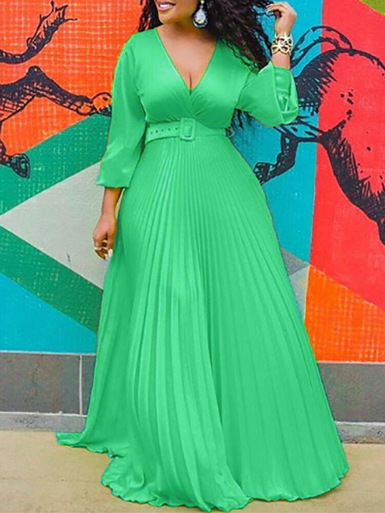 Surplice V-Neck Belted Accordion Pleat Long Sleeve Maxi Dress 4