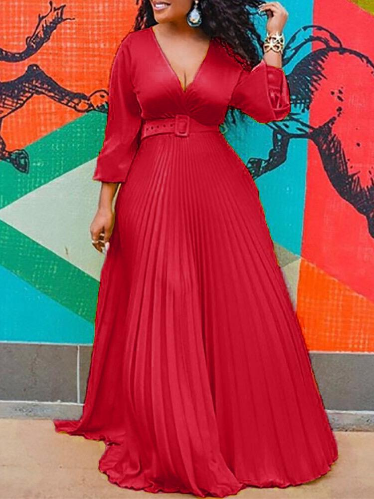 Surplice V-Neck Belted Accordion Pleat Long Sleeve Maxi Dress 2