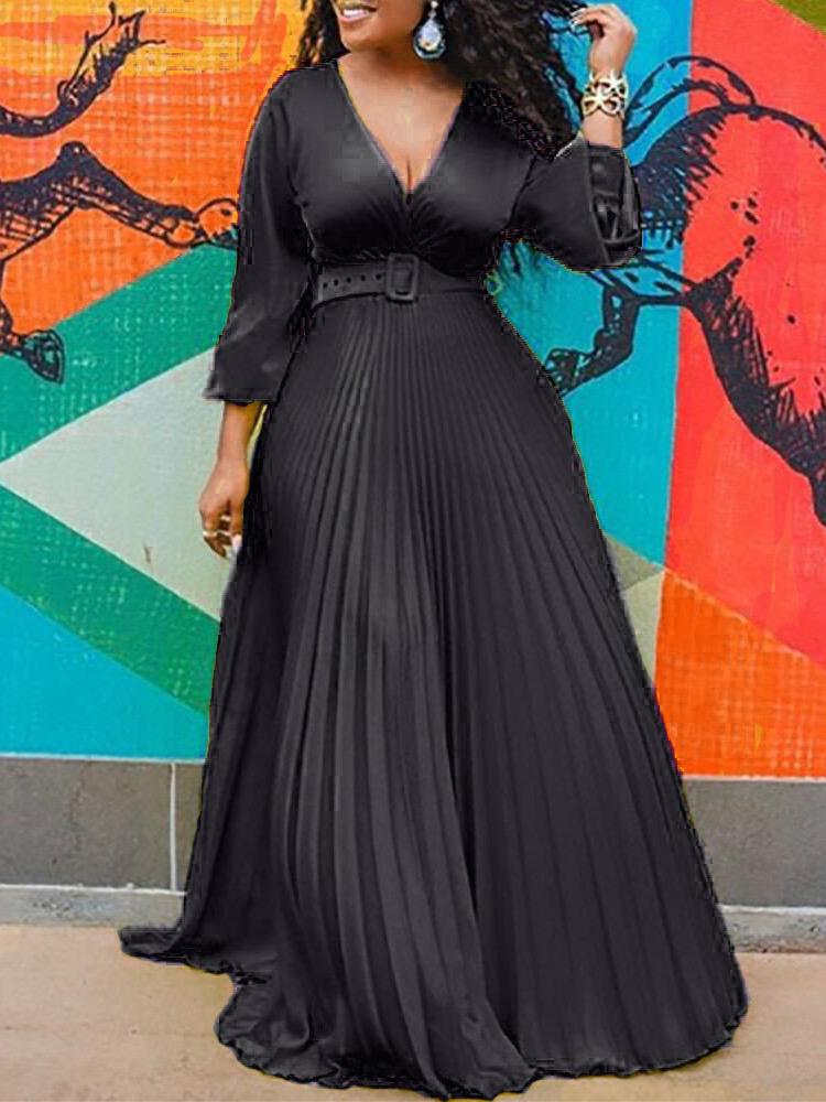 Surplice V-Neck Belted Accordion Pleat Long Sleeve Maxi Dress 5