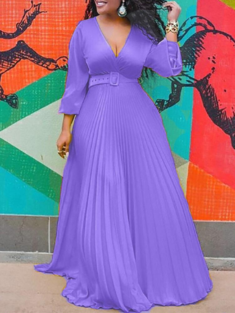 Surplice V-Neck Belted Accordion Pleat Long Sleeve Maxi Dress 6