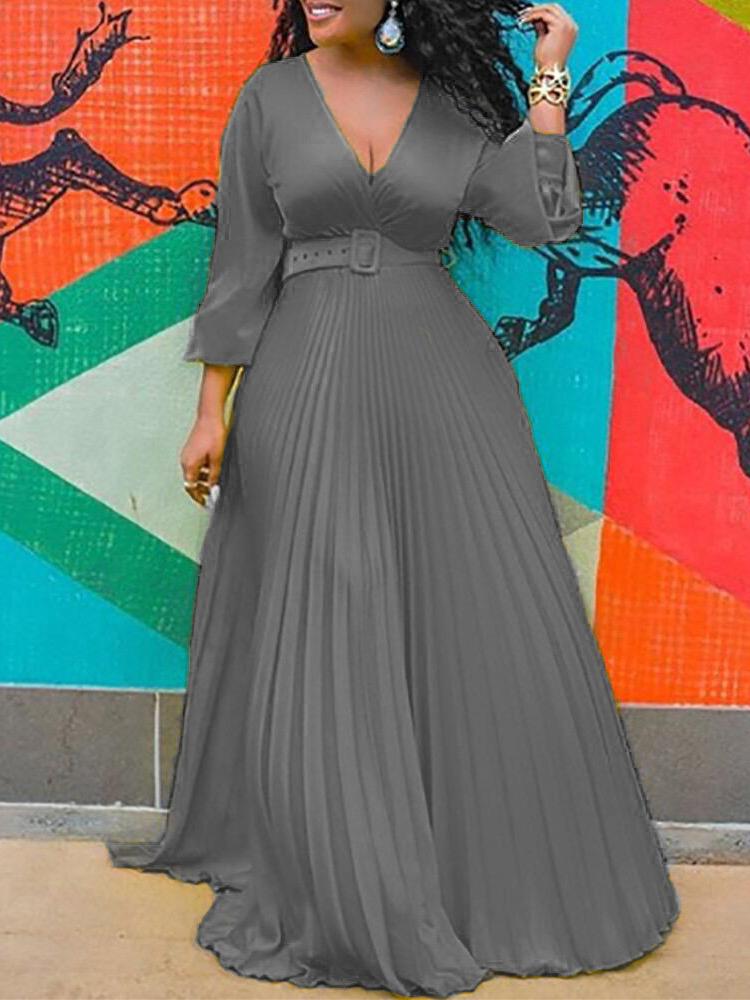 Surplice V-Neck Belted Accordion Pleat Long Sleeve Maxi Dress 3