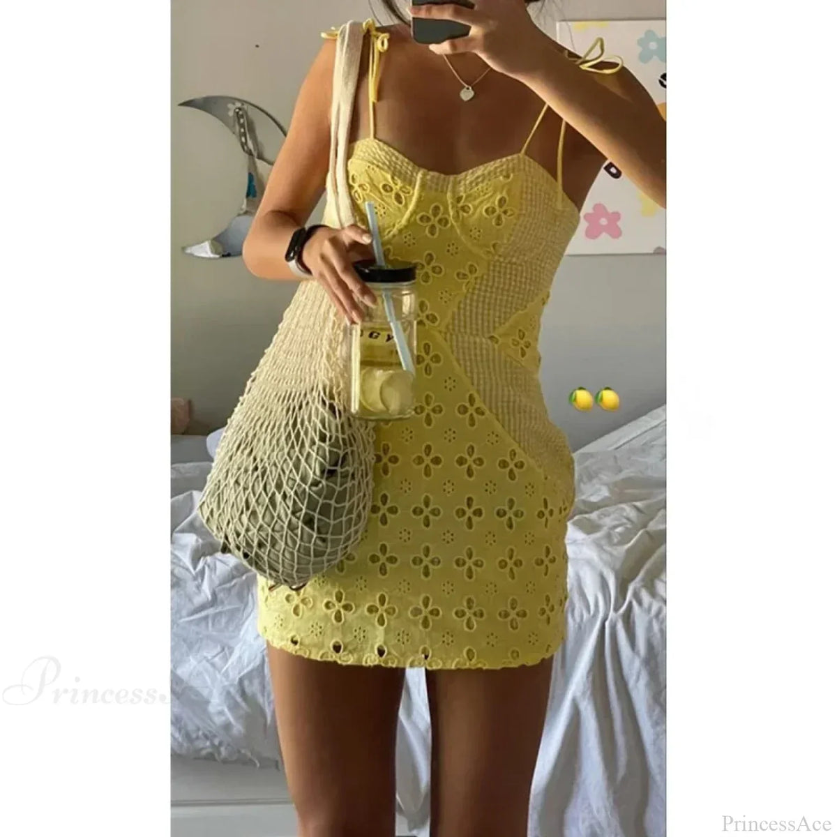 Eyelet Lace Gingham Check Sweetheart Tie Shoulder Mini Dress