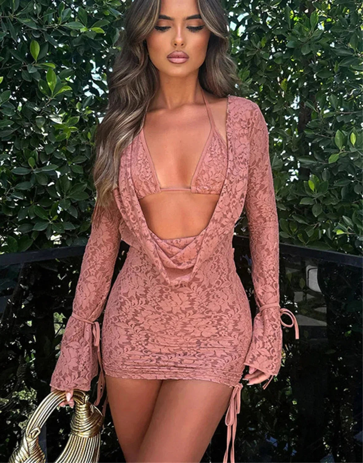 Floral Lace Cowl Neck Tie Cuff Ruched Side Mini Dress Set