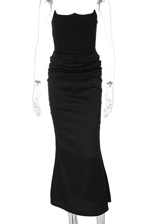White Pearl Faux Two-Piece Strapless Corset Bustier Satin Ruched Wrap Maxi Dress 10