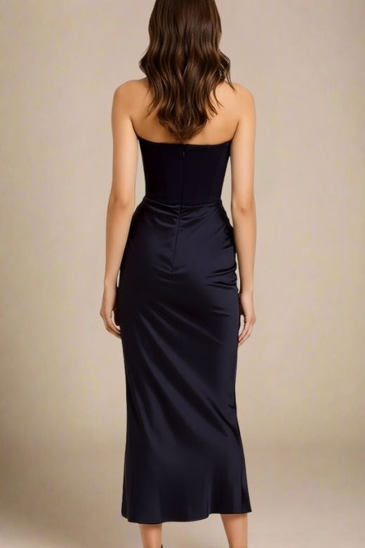 Classic Black Faux Two-Piece Strapless Corset Bustier Satin Ruched Wrap Maxi Dress 2
