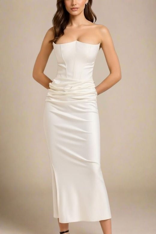 White Pearl Faux Two-Piece Strapless Corset Bustier Satin Ruched Wrap Maxi Dress 3