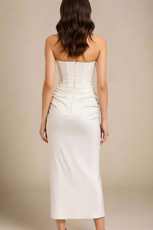 White Pearl Faux Two-Piece Strapless Corset Bustier Satin Ruched Wrap Maxi Dress 2