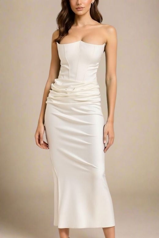 White Pearl Faux Two-Piece Strapless Corset Bustier Satin Ruched Wrap Maxi Dress 5