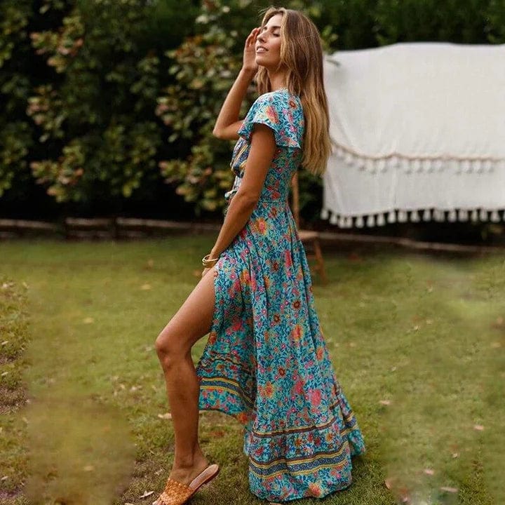 Deep V Neck Flutter Sleeve Wrap Tie Bohemian Print High Slit Maxi Dress 3