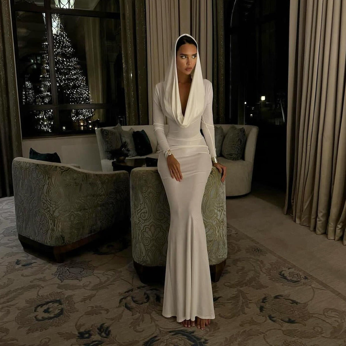 Hooded Long Sleeve Cutout Waist Rib Knit Maxi Dress 2
