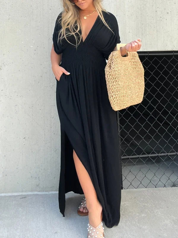 Deep V-Neck Smocked Waist Flutter Sleeve Side Slit Pocket Maxi Dress 2