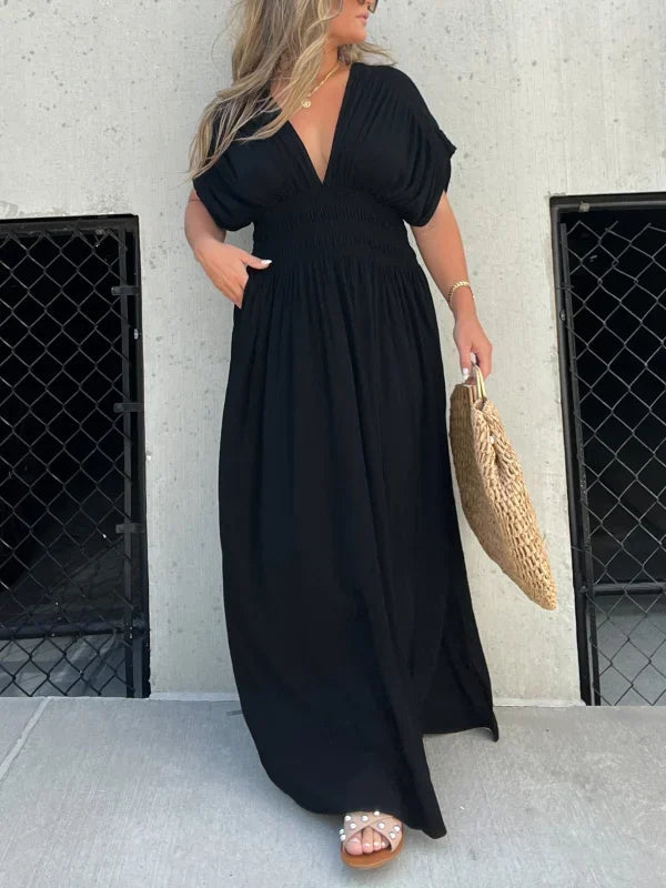 Deep V-Neck Smocked Waist Flutter Sleeve Side Slit Pocket Maxi Dress 4