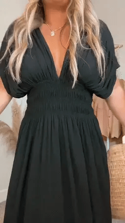 Deep V-Neck Smocked Waist Flutter Sleeve Side Slit Pocket Maxi Dress 3