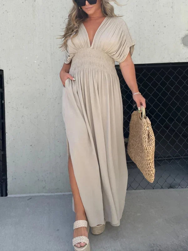 Deep V-Neck Smocked Waist Flutter Sleeve Side Slit Pocket Maxi Dress 5