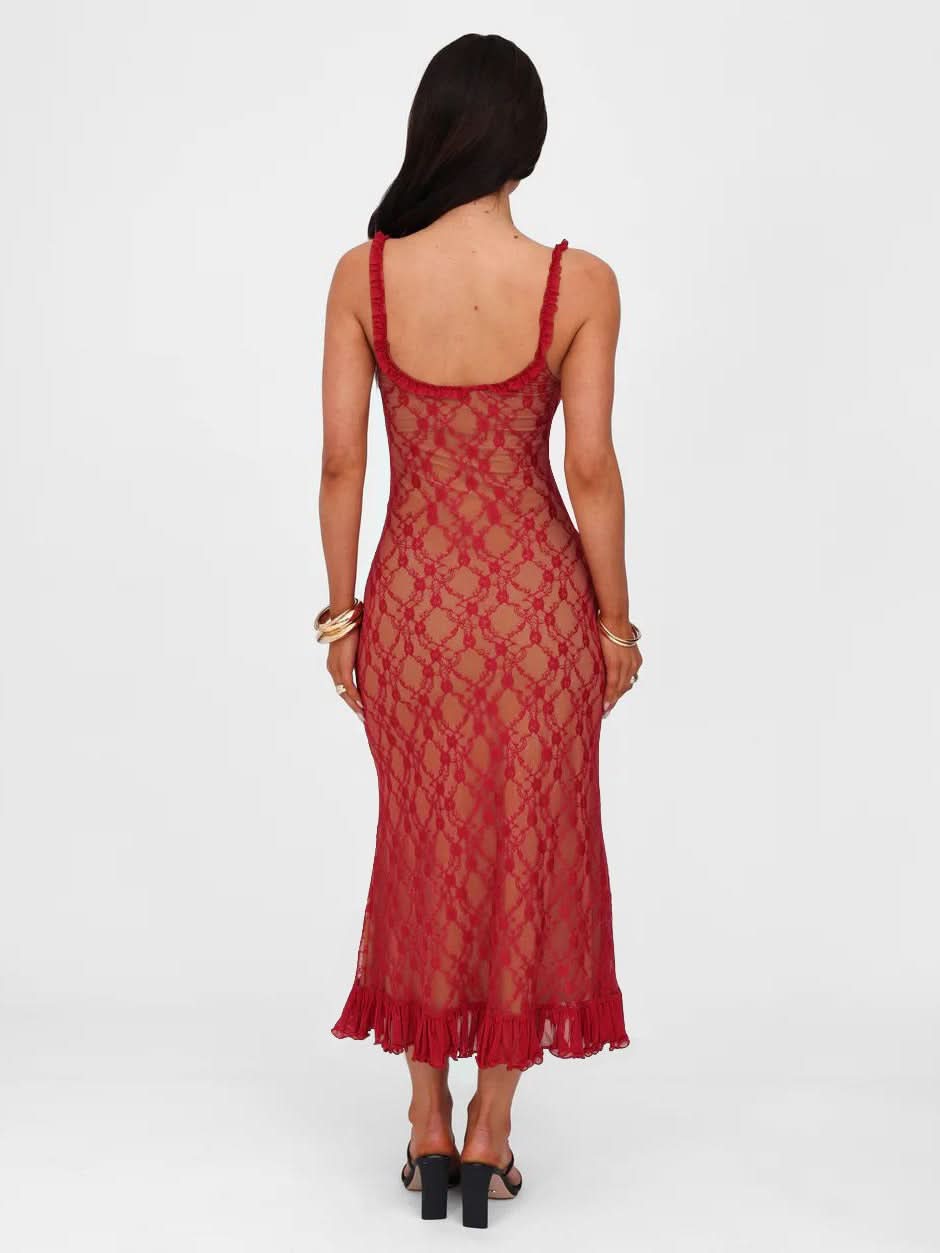 Floral Lace Ruffled Sweetheart Neckline Ruffle Strap Bodycon Midi Dress 7