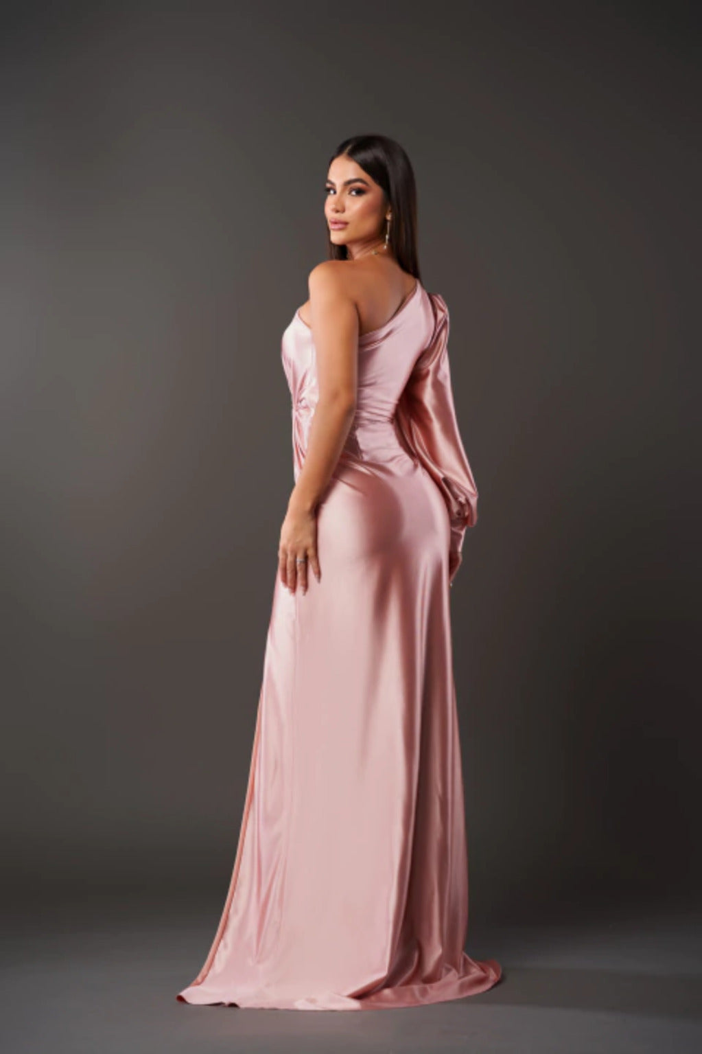 One Shoulder Draped Sleeve Ruched Waist High Slit Satin Maxi Dress 20