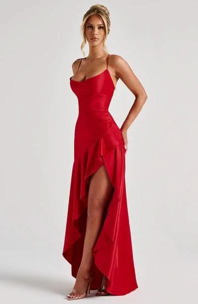 Spaghetti Strap High Low Ruffle Hem Side Slit Bodycon Maxi Dress 3