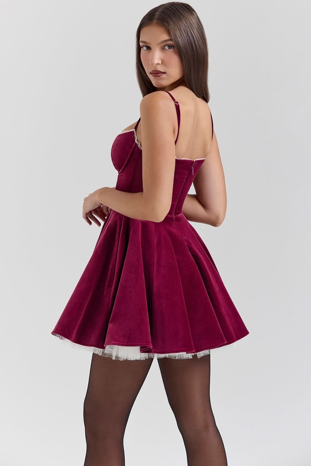 Velvet Sweetheart Lace Trim Spaghetti Strap Fit And Flare Mini Dress 2