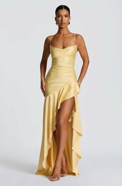 Spaghetti Strap High Low Ruffle Hem Side Slit Bodycon Maxi Dress 49