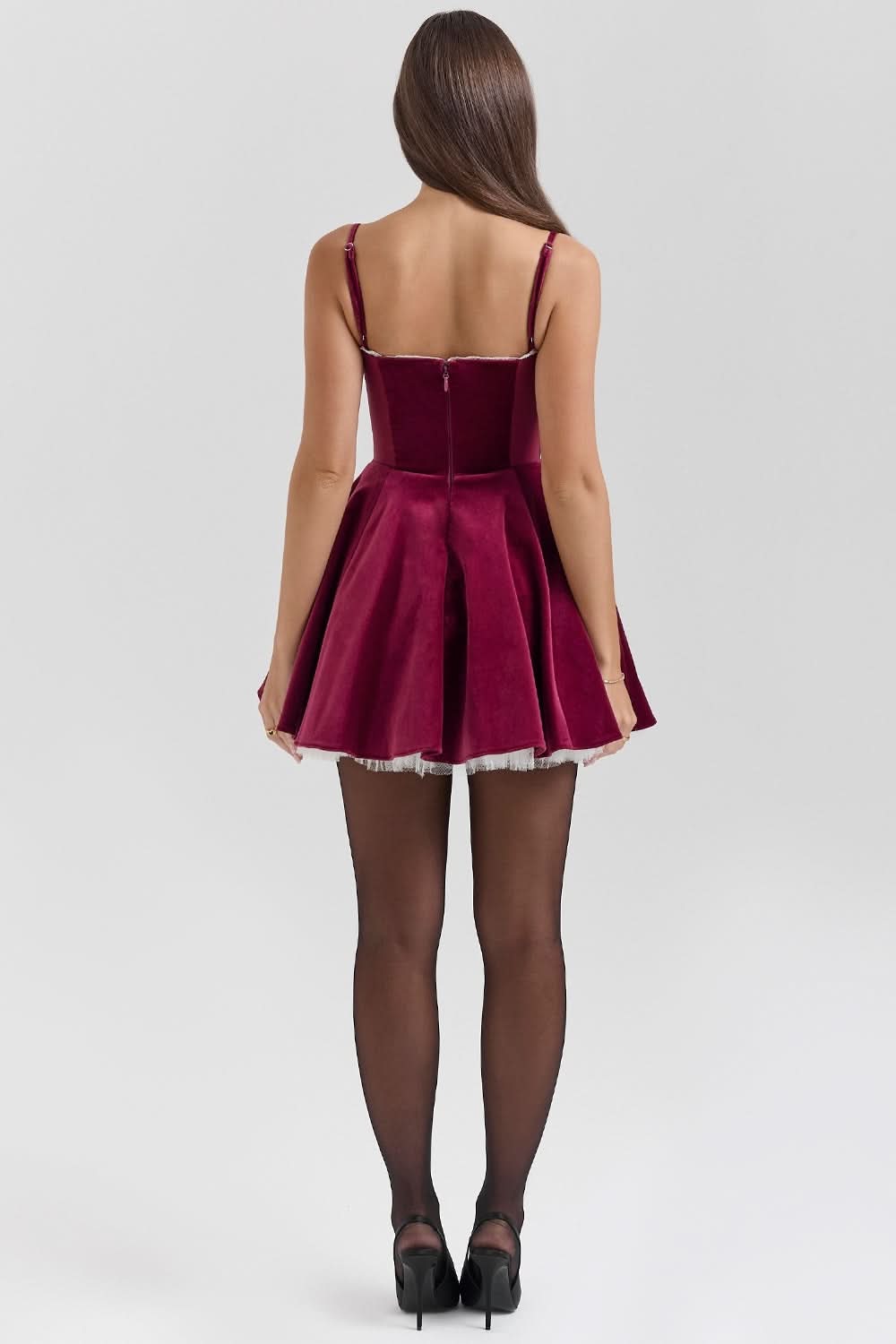 Velvet Sweetheart Lace Trim Spaghetti Strap Fit And Flare Mini Dress 3