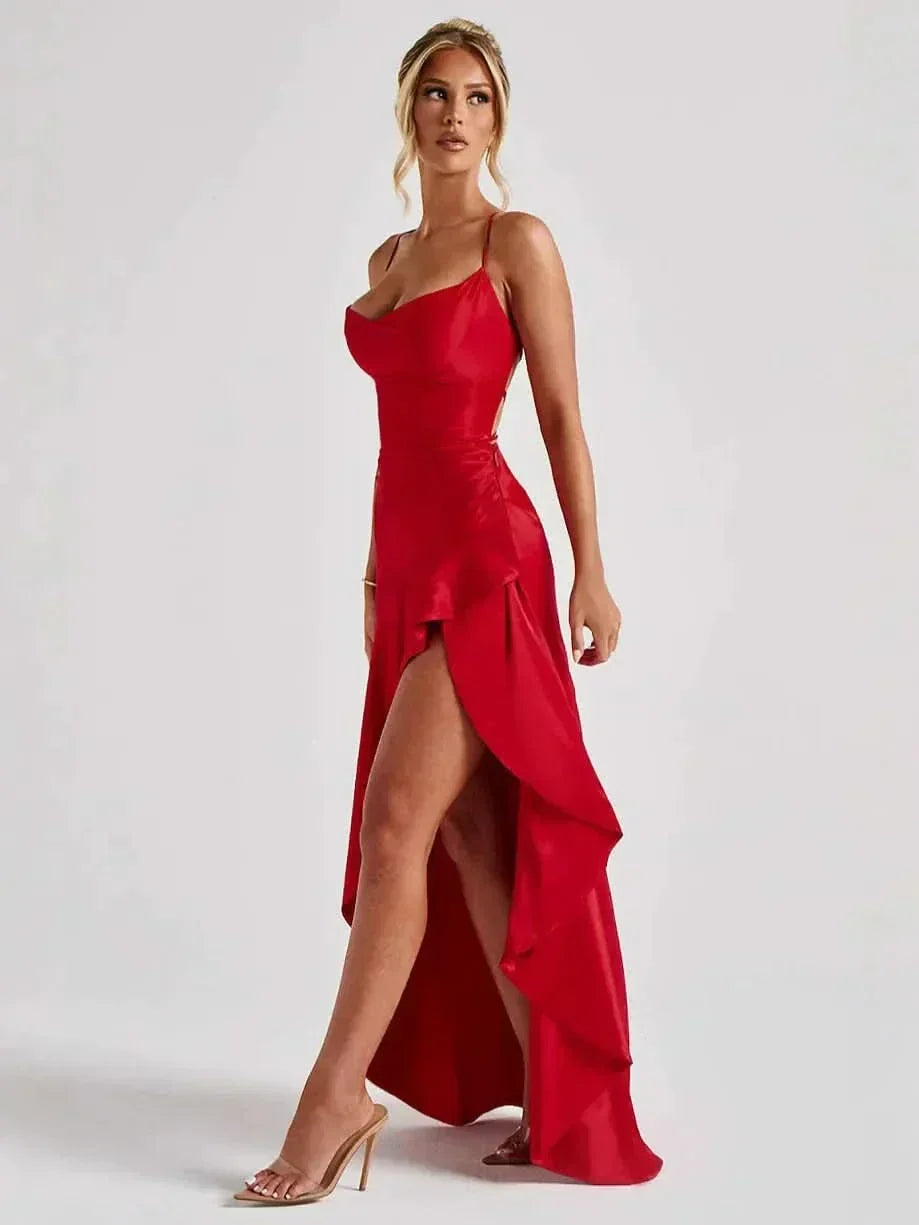 Spaghetti Strap High Low Ruffle Hem Side Slit Bodycon Maxi Dress 2