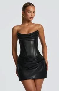 Strapless Corset Seam Draped Ruched Faux Leather Mini Dress 5