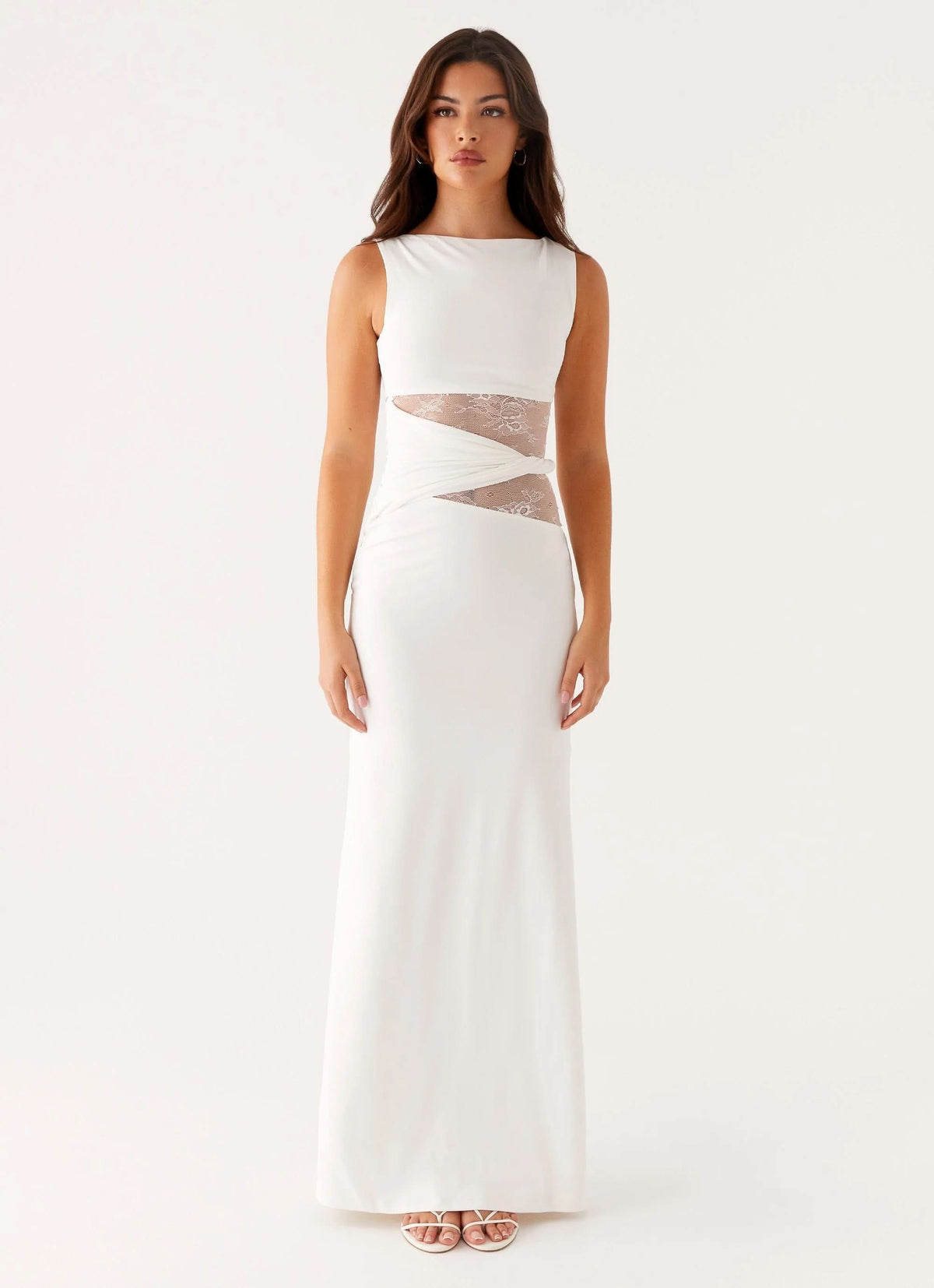 Boat Neck Lace Insert Waist Cutout Draped Twist Maxi Gown