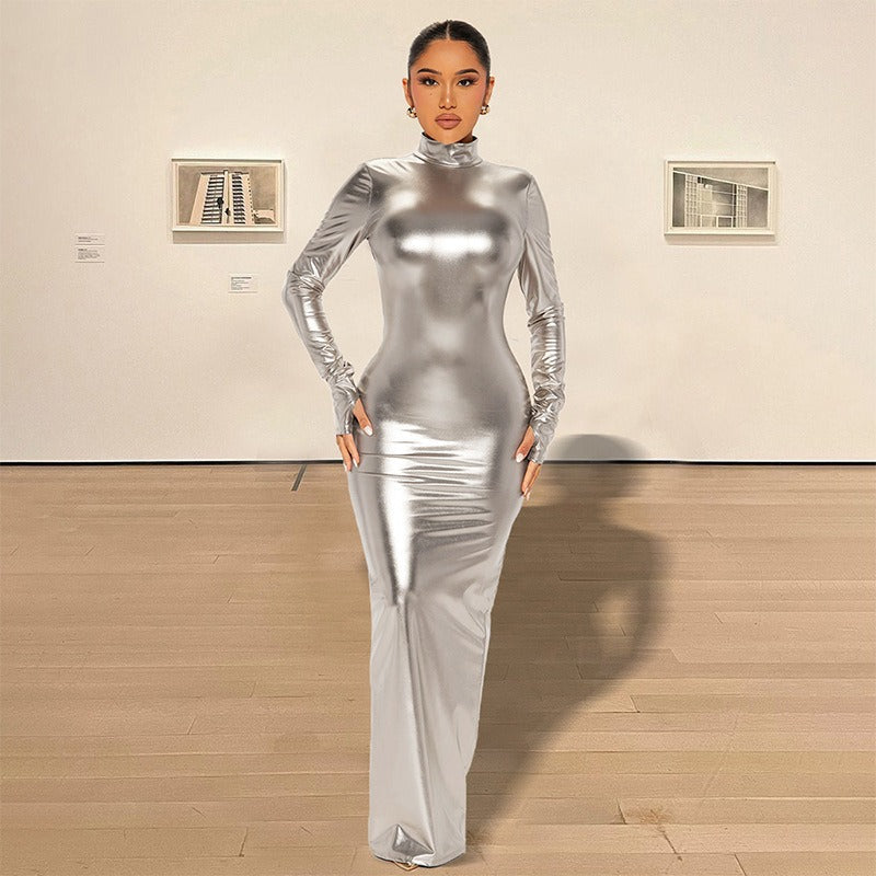 Metallic Mock Neck Long Sleeve Gloves Backless Ruched Bodycon Maxi Dress