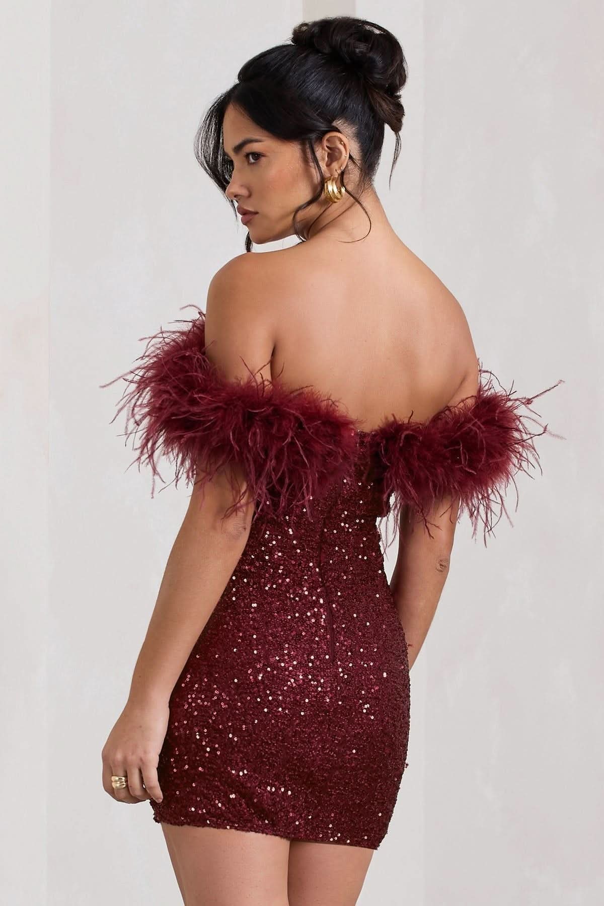 Off Shoulder Feather Trim Sequin Bodycon Mini Dress 7