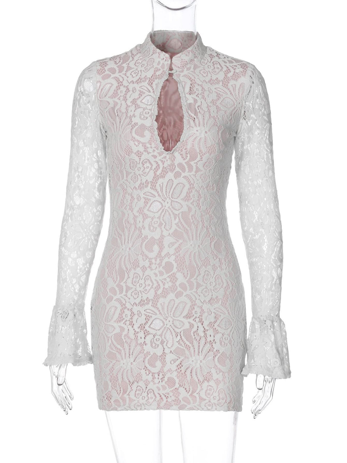 Mock Neck Keyhole Cutout Floral Lace Long Sleeve Bodycon Mini Dress 10