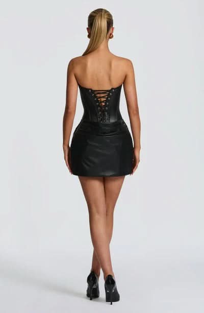 Strapless Corset Seam Draped Ruched Faux Leather Mini Dress 7