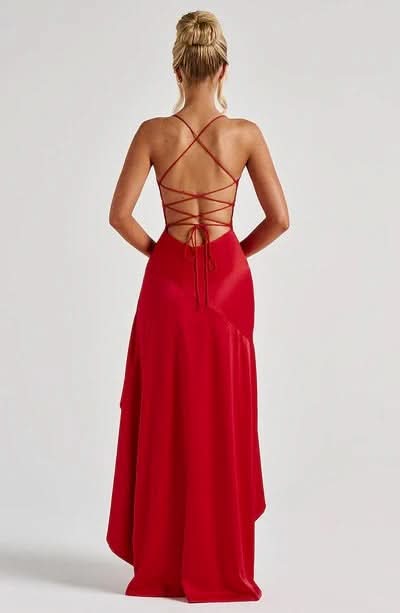 Spaghetti Strap High Low Ruffle Hem Side Slit Bodycon Maxi Dress 4