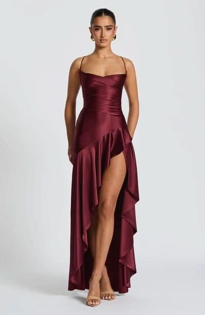 Spaghetti Strap High Low Ruffle Hem Side Slit Bodycon Maxi Dress 15