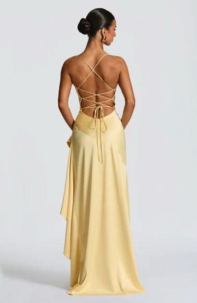 Spaghetti Strap High Low Ruffle Hem Side Slit Bodycon Maxi Dress 44