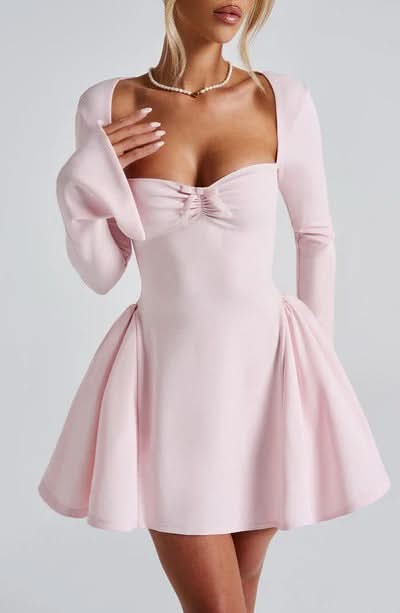 Sweetheart Neck Bow Detail Long Sleeve Fit And Flare Mini Dress 8