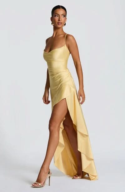 Spaghetti Strap High Low Ruffle Hem Side Slit Bodycon Maxi Dress 45