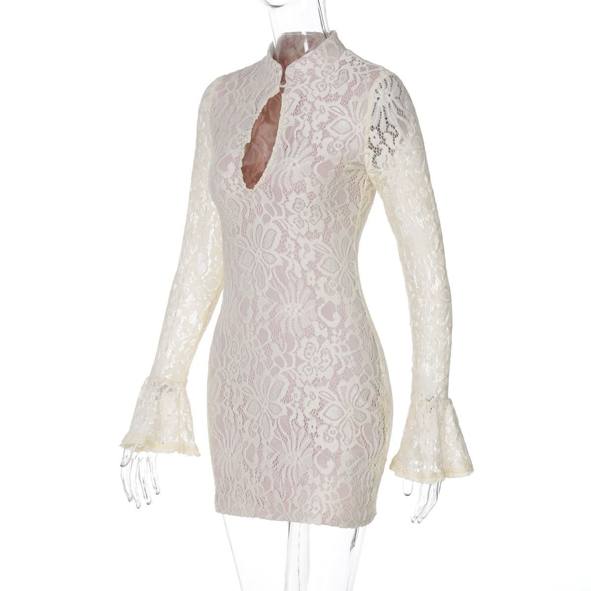 Mock Neck Keyhole Cutout Floral Lace Long Sleeve Bodycon Mini Dress 3