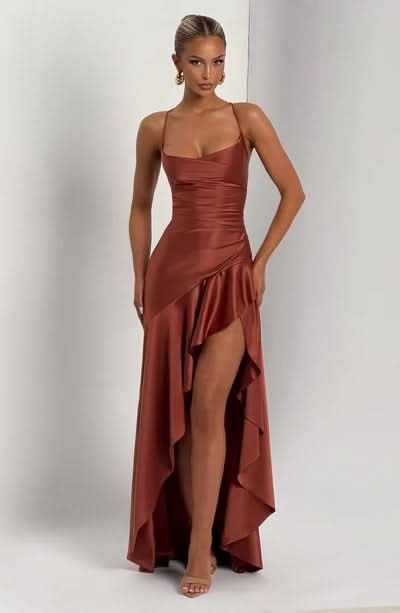 Spaghetti Strap High Low Ruffle Hem Side Slit Bodycon Maxi Dress 22
