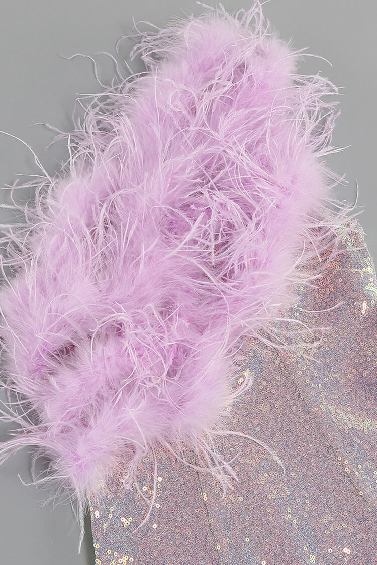 One Shoulder Feather Trim Sequin Bodycon Mini Dress 4