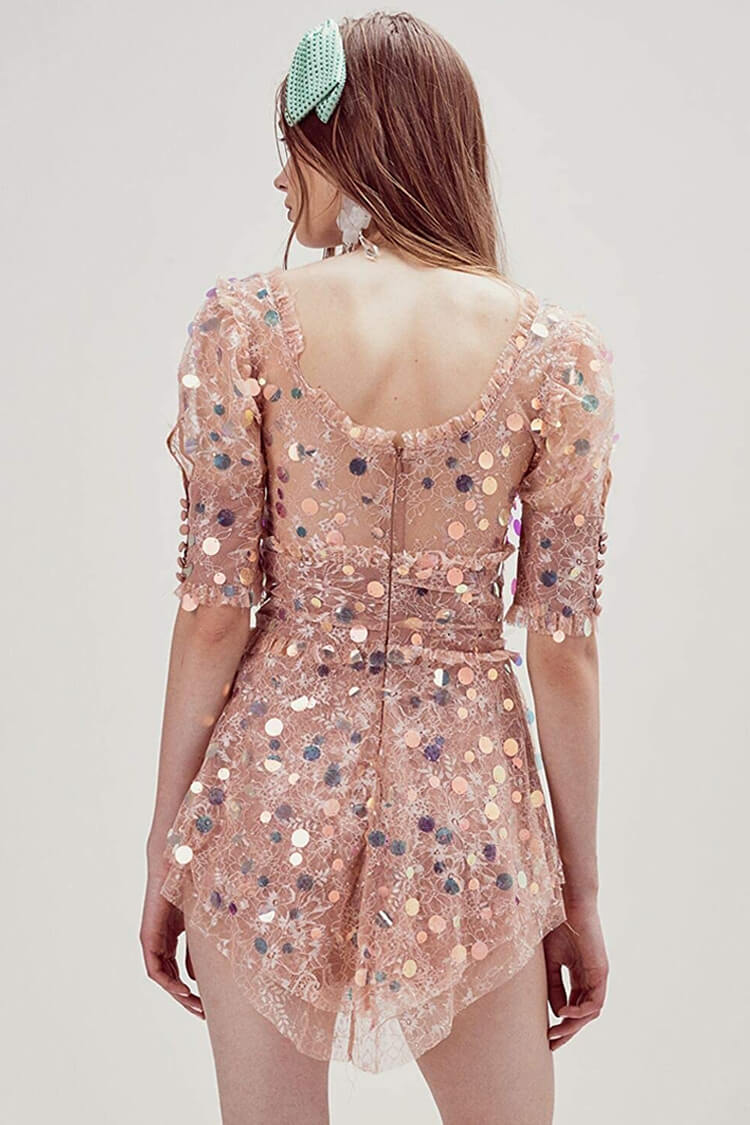 Square Neck Lace Puff Sleeve Iridescent Sequin Ruffle Hem Mini Dress 2