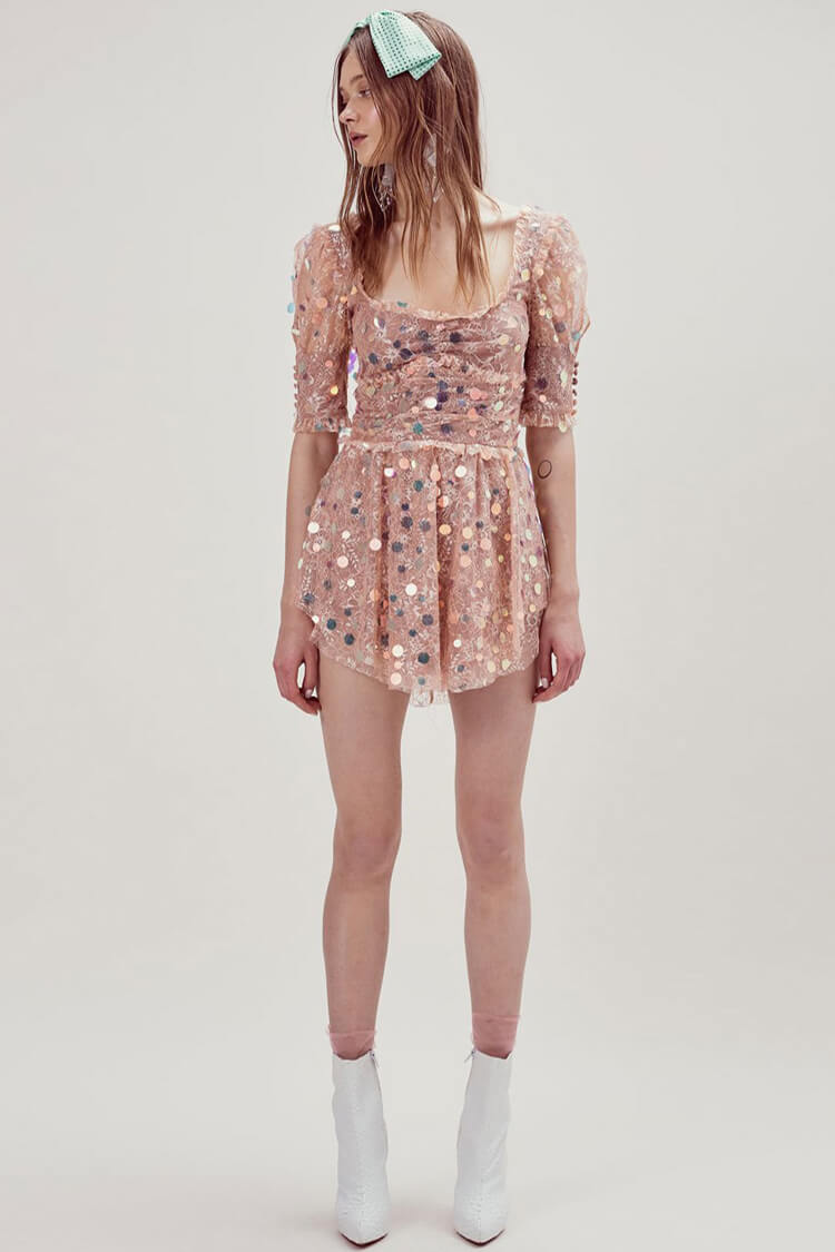 Square Neck Lace Puff Sleeve Iridescent Sequin Ruffle Hem Mini Dress 3