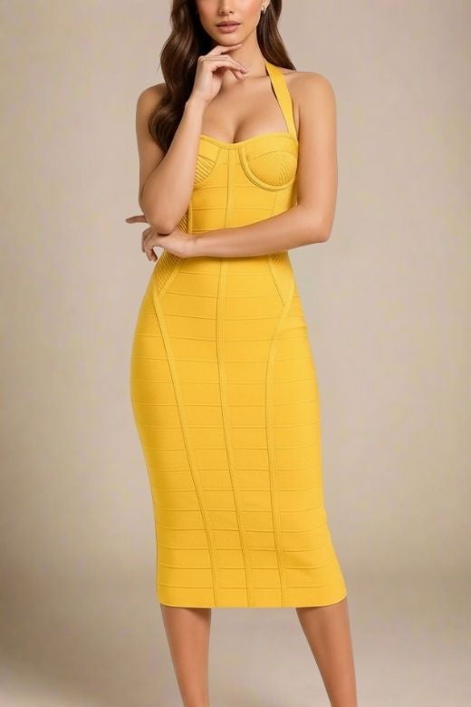 Mustard Yellow Halter Neck Corset Bustier Bandage Midi Dress