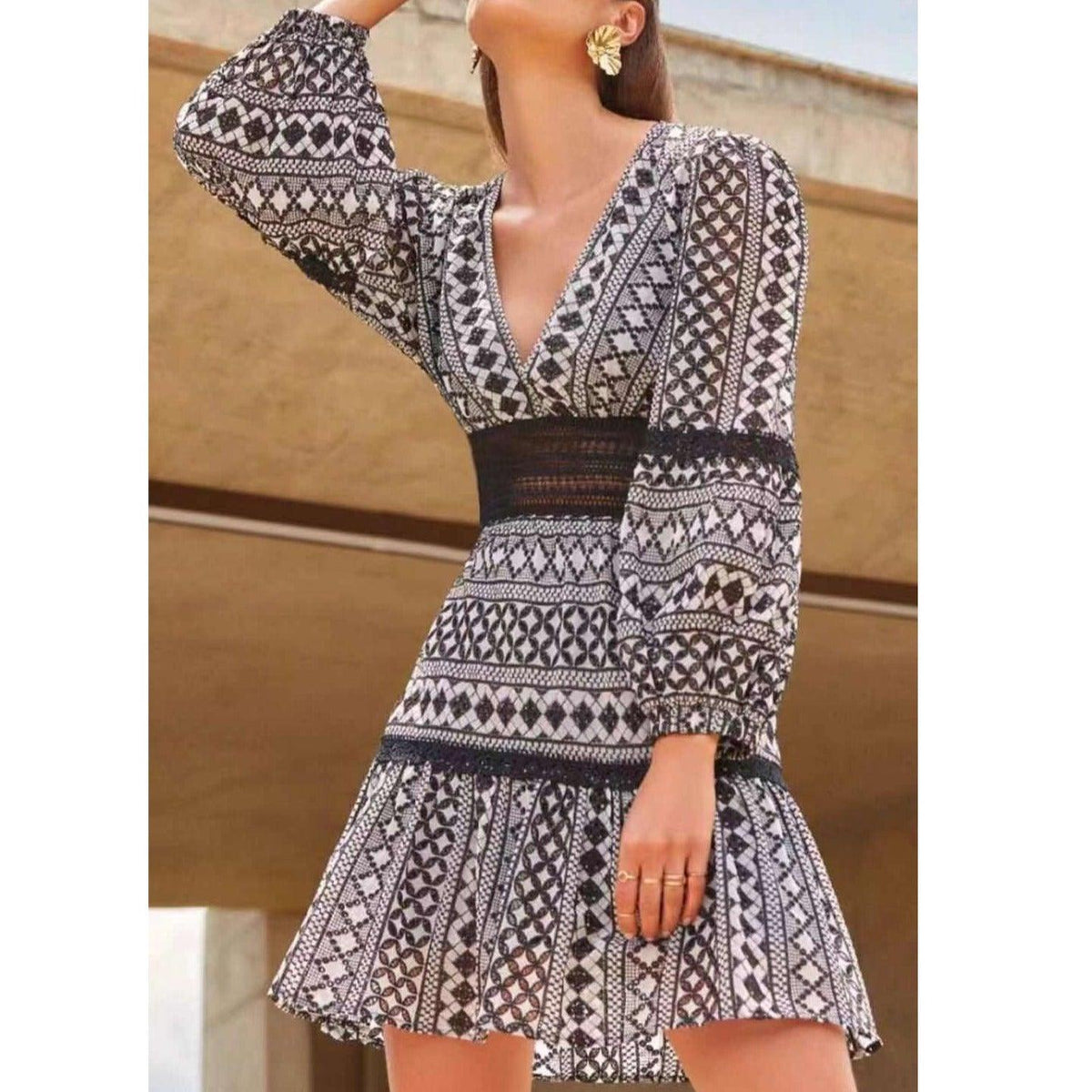 Geometric Print Deep V-Neck Balloon Sleeve Lace Cuff Mesh Waist Tiered Mini Dress