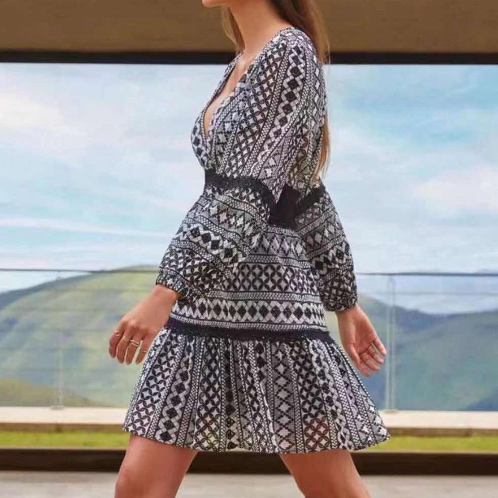Geometric Print Deep V-Neck Balloon Sleeve Lace Cuff Mesh Waist Tiered Mini Dress 2