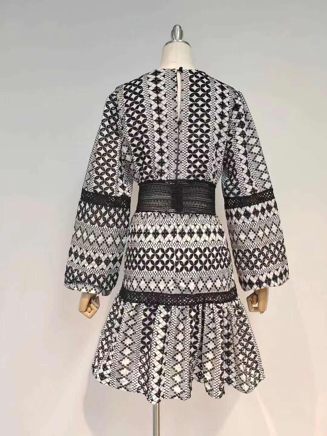 Geometric Print Deep V-Neck Balloon Sleeve Lace Cuff Mesh Waist Tiered Mini Dress 4
