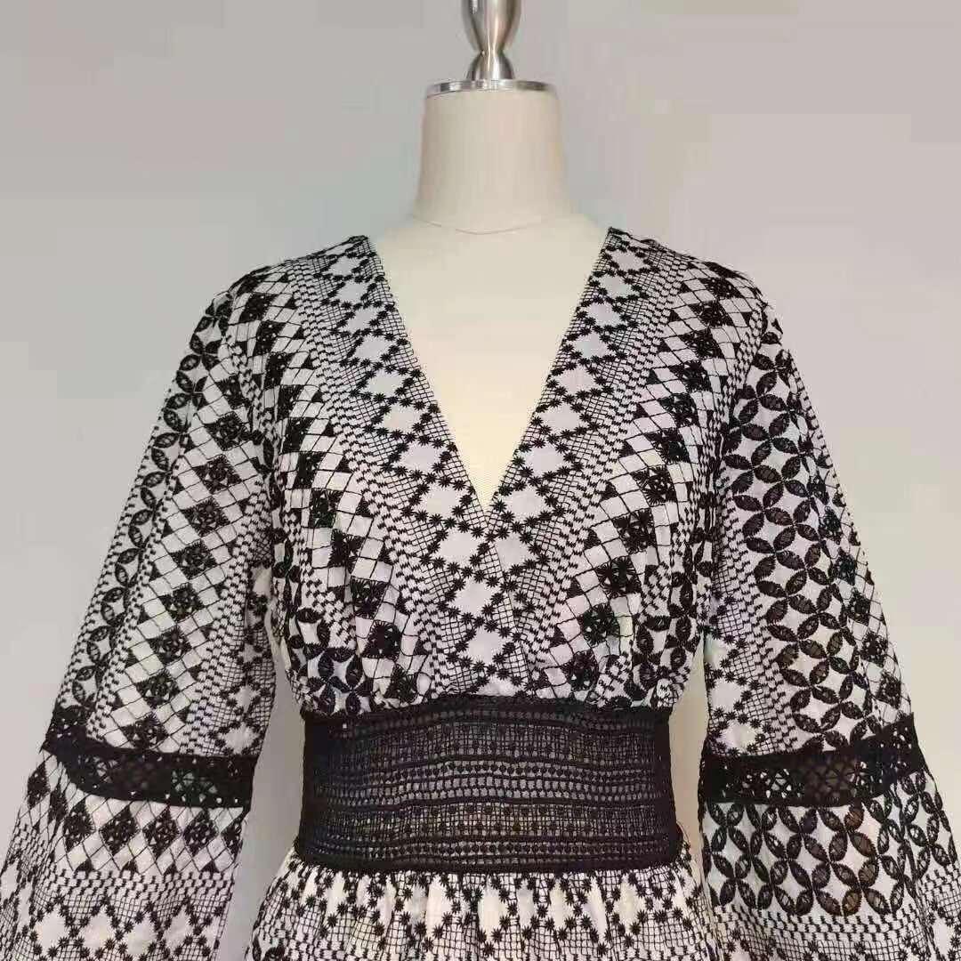 Geometric Print Deep V-Neck Balloon Sleeve Lace Cuff Mesh Waist Tiered Mini Dress 5