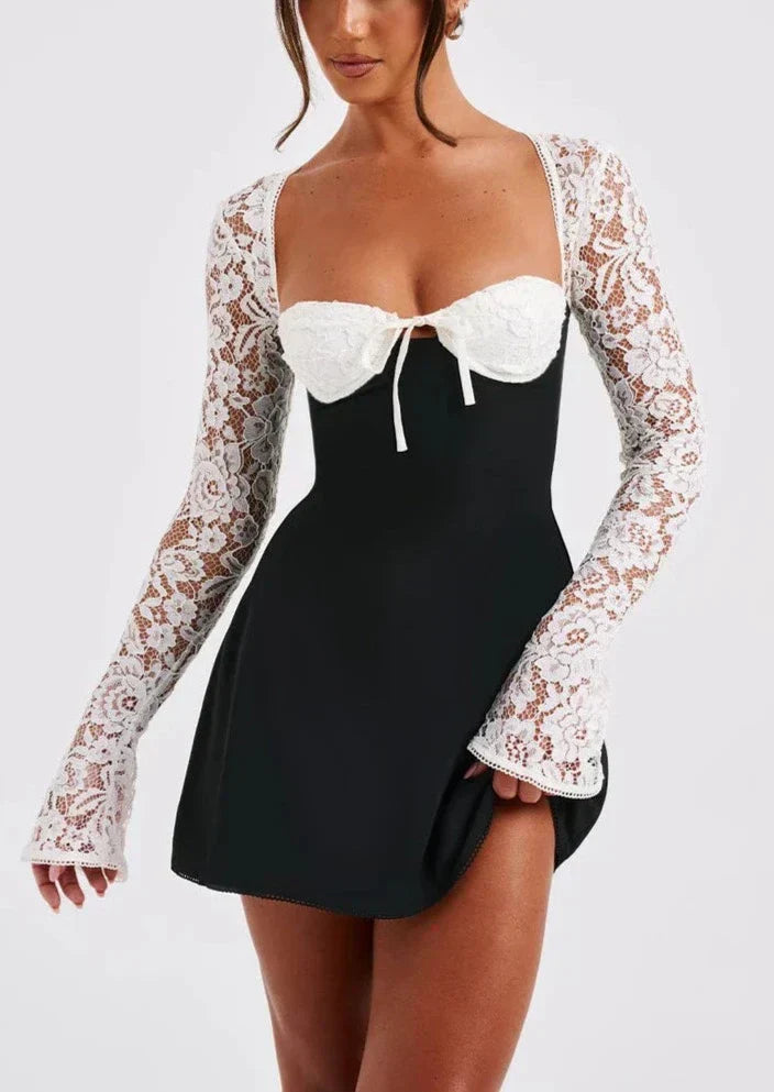Tie Front Cupped Bustier Floral Lace Bell Sleeve Mini Dress 5